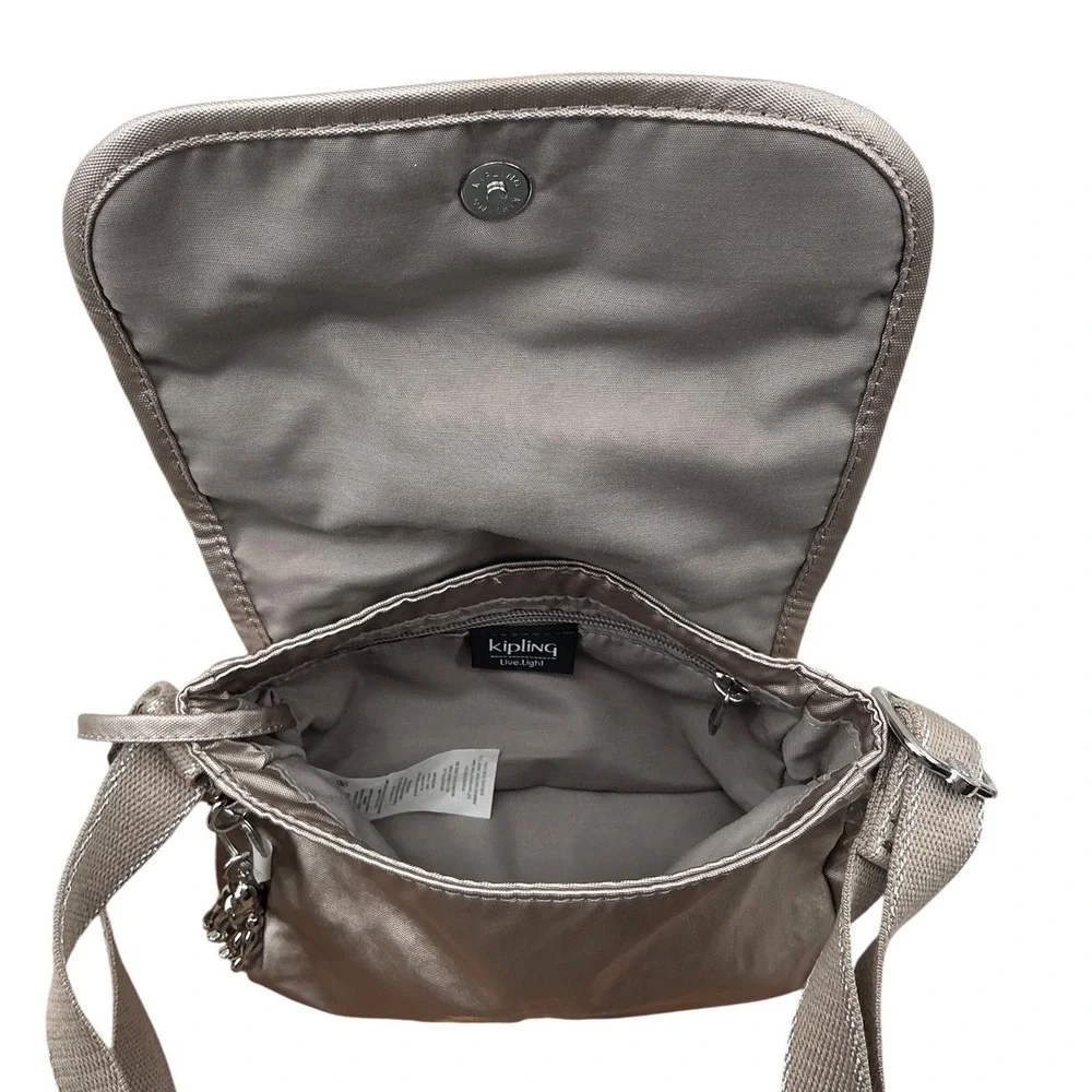 Kipling Metallic Pewter Nylon Crossbody Bag with‎ Monkey Keychain NWT